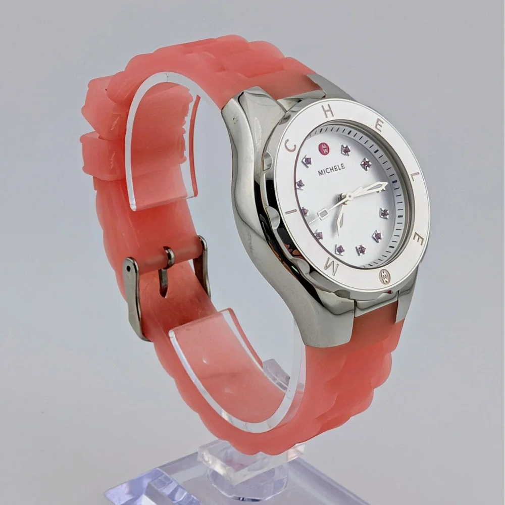 Michele Tahitian Jelly Bean Watch Women Pink Topaz Markers Pink Rubber Strap